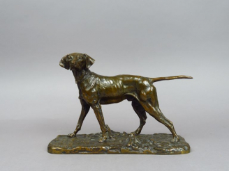 Vente aux enchères P.J. MENE. "Braque à l'arrêt". Sculpture en bonze à patine brune, sign