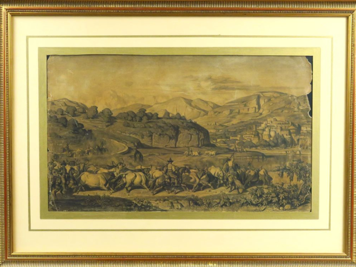 Ecole provençale ou italienne XIXe. "Manadiers et leur troupeau".  Des