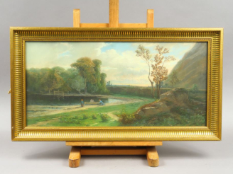Vente aux enchères Ecole française XIXe. "Paysage lacustre animé".  Pastel, signé en bas 