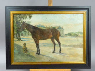 Vente aux enchères Ecole française XIXème. "Bouledogue et étalon".  Huile sur toile.  Dim