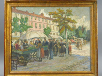 Vente aux enchères F. BARCOUDA. "Scène de marché".  Huile sur toile, signée en bas à droi