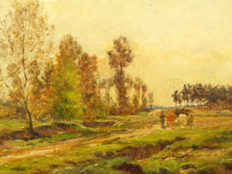 Vente aux enchères C. BEAUVERIE. "Paysage animé".  Huile sur panneau, signée en bas à dro