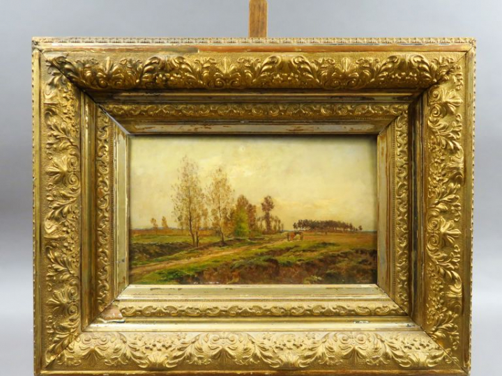 C. BEAUVERIE. "Paysage animé".  Huile sur panneau, signée en bas à dro