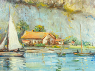 Vente aux enchères H. BLYWEERT. "Voiliers au mouillage".  Huile sur panneau, signée en ba
