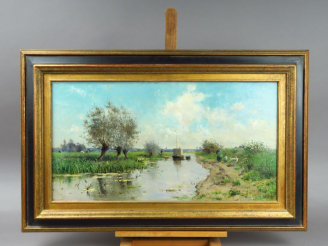 Vente aux enchères H.C DELPY. "Bord de rivière animé".  Huile sur toile, signée en bas à 