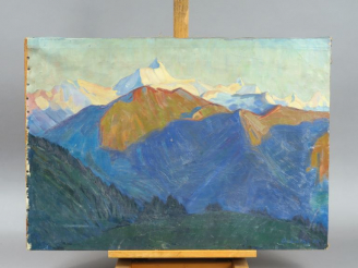 Vente aux enchères O. LÜTHY. "Paysage de montagne".  Huile sur toile, signée en bas à gau