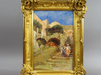 Vente aux enchères R. FORCADE. "Les lavandières".  Huile sur panneau, signée en bas à dro