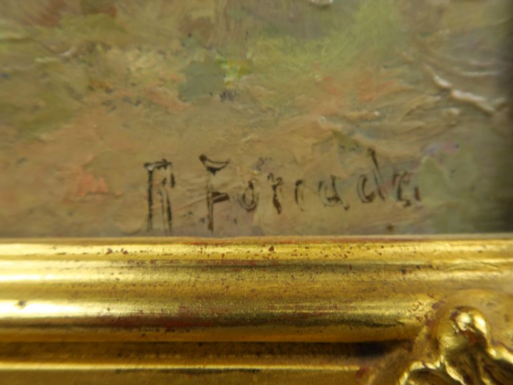 R. FORCADE. "Les lavandières".  Huile sur panneau, signée en bas à dro