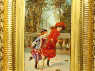 Vente aux enchères A. FOURNIER.  "Jeunes filles jouant dans un parc".  Huile sur panneau,