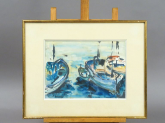 Vente aux enchères P. LEBERGER. "Barques bleues".  Aquarelle, signée en bas à gauche. Dim