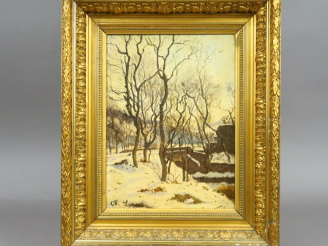 Vente aux enchères CH. LESPINASSE. "Paysage d'hiver".  Huile sur panneau, signée en bas à