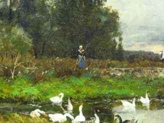 Vente aux enchères OLIVE. "Bergère et ses oies".  Huile sur toile, signée en bas à gauche