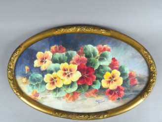 Vente aux enchères M. RENAUD. "Bouquet de pensées".  Aquarelle, signée en bas à droite. D