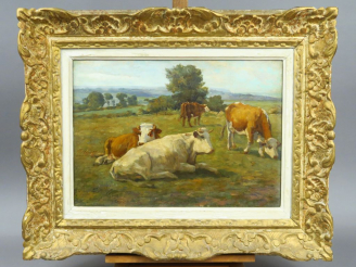 Vente aux enchères RICHARD. "Vaches au paturage".  Huile sur toile, signée en bas à gauch