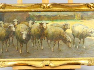 Vente aux enchères RICHARD. "Troupeau de Brebis".  Huile sur panneau, signée en bas à gau