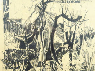 Vente aux enchères C. SCHMIDT. "Jardin exotique".  Dessin, signé en bas à gauche. Dim. : 