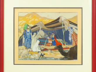 Vente aux enchères J. THIL. "Femmes et animaux au bord de l'Oued".  Lithographie, signée 