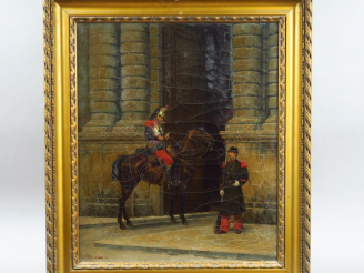 Vente aux enchères J. MONGE. "Le passage du Louvre".  Huile sur toile, signée en bas à ga