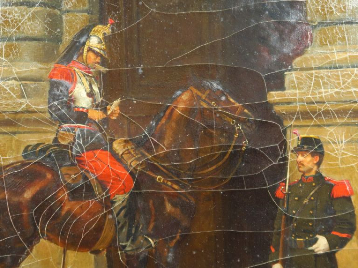 J. MONGE. "Le passage du Louvre".  Huile sur toile, signée en bas à ga