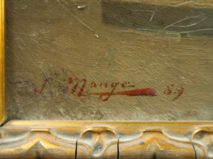 J. MONGE. "Le passage du Louvre".  Huile sur toile, signée en bas à ga