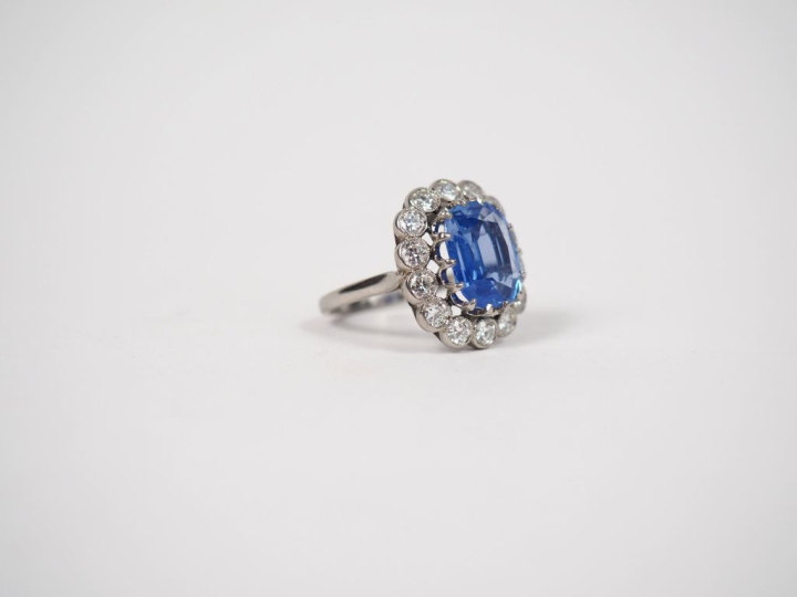 Bague marguerite en platine, ornée en son centre d'un saphir entouré d