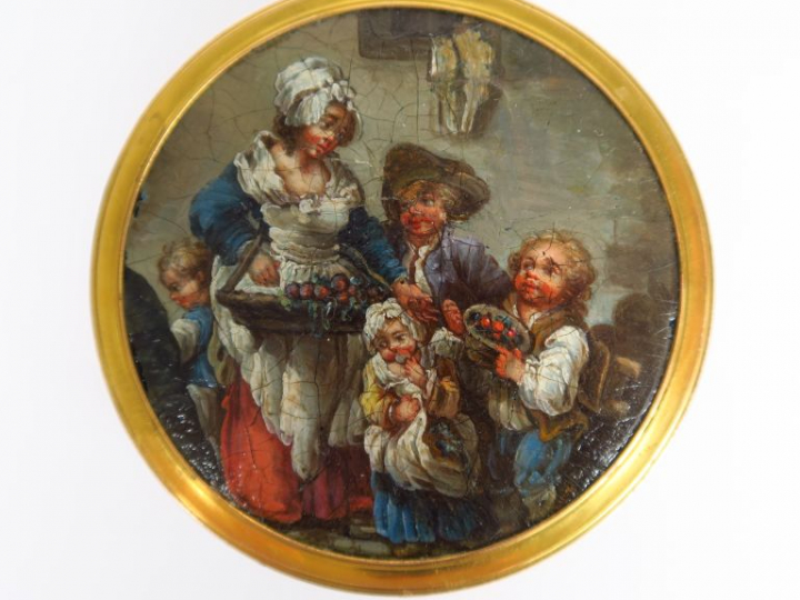 Boite peinte fin XVIIIème à décor en plein, d'enfants et de scène de l
