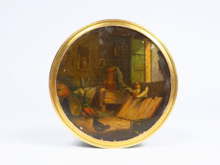 Boite peinte fin XVIIIème à décor en plein, d'enfants et de scène de l