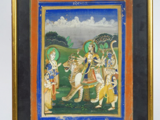 Vente aux enchères Ecole indienne XIXème. "Divinité sur un tigre". Gouache. Dim. : 38 x 2
