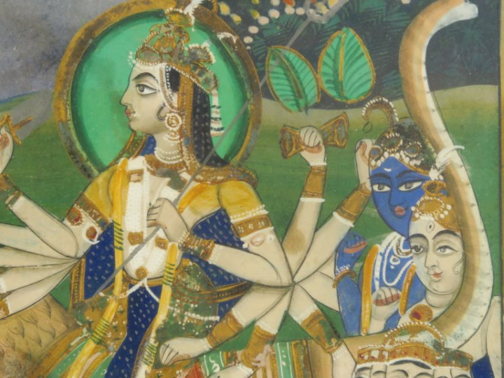 Ecole indienne XIXème. "Divinité sur un tigre". Gouache. Dim. : 38 x 2