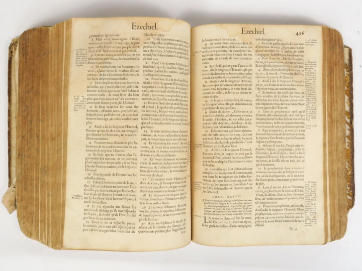 Bible XVIème (incomplète de sa page de titre, reliure fort usagée).