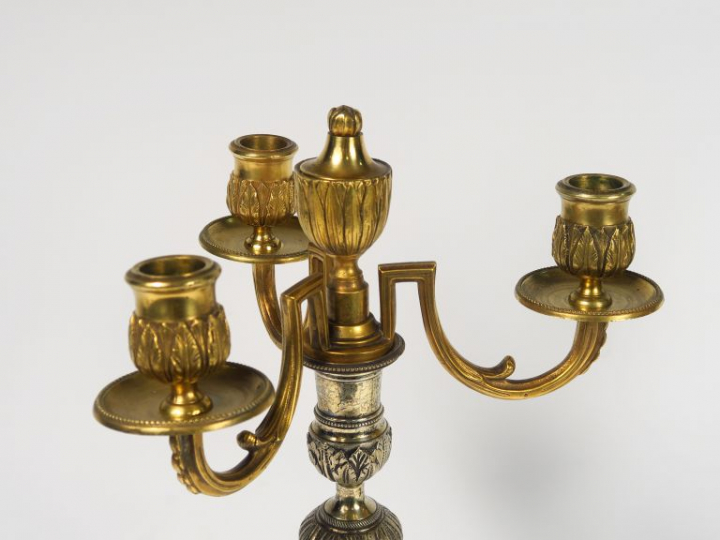 Paire de candélabres XIXème de style Louis XVI en bronze à décor de fe