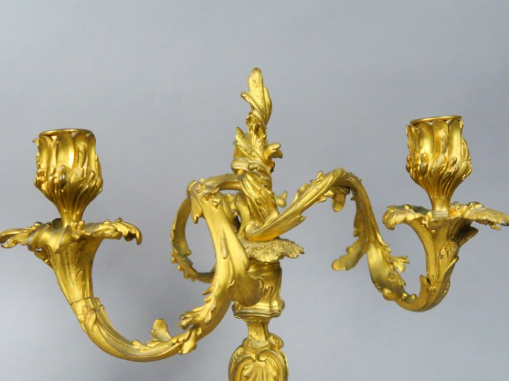 Paire de candélabres XIXème en bronze doré de style rocaille, éclairan