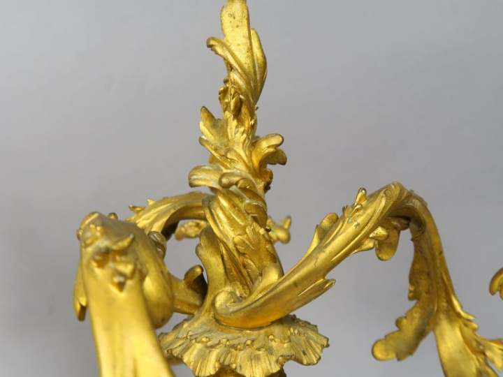 Paire de candélabres XIXème en bronze doré de style rocaille, éclairan