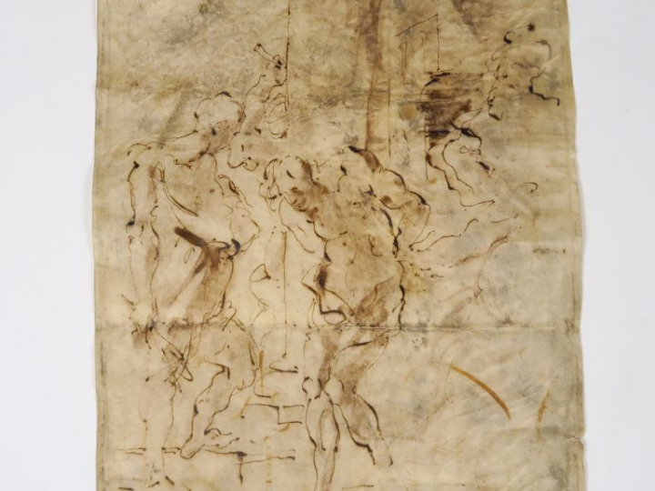 Ecole XVIIème. "Scène de la passion du Christ".  Dessin sur vélin. Dim