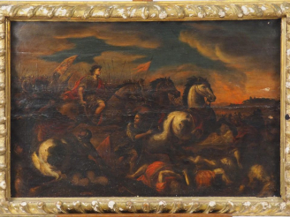 Vente aux enchères Ecole française XVIIème. "Scène de bataille". Huile sur panneau. Dim. 
