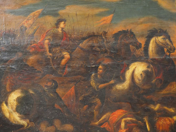 Ecole française XVIIème. "Scène de bataille". Huile sur panneau. Dim. 