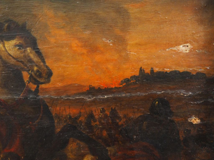 Ecole française XVIIème. "Scène de bataille". Huile sur panneau. Dim. 