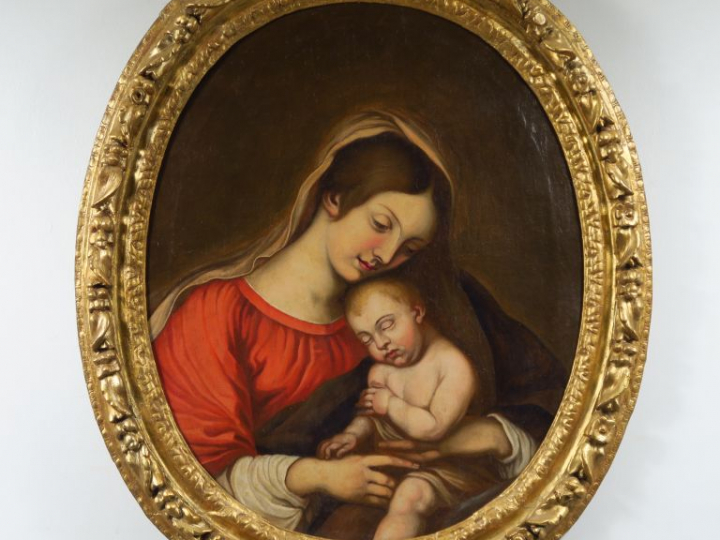 Ecole italienne XIXème. "Vierge à l'enfant". Huile sur toile dans son 