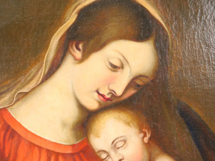 Ecole italienne XIXème. "Vierge à l'enfant". Huile sur toile dans son 