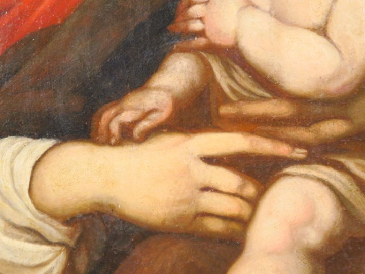 Ecole italienne XIXème. "Vierge à l'enfant". Huile sur toile dans son 