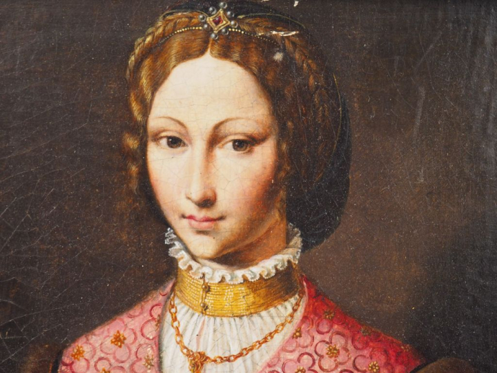 Ecole italienne XIXème. "Portrait de jeune femme". Huile sur panneau. 