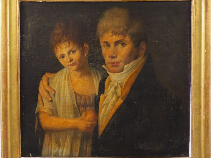 Ecole française début XIXème. "Père et sa fille". Huile sur toile. Dim