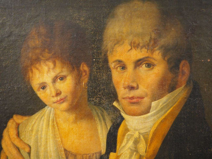 Ecole française début XIXème. "Père et sa fille". Huile sur toile. Dim