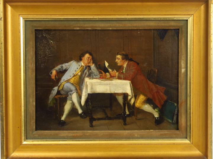 Ecole française XIXème. "Le déjeuner". Huile sur panneau. Dim. : 24 x 