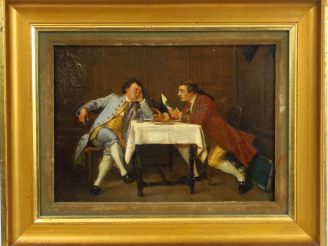 Vente aux enchères Ecole française XIXème. "Le déjeuner". Huile sur panneau. Dim. : 24 x 