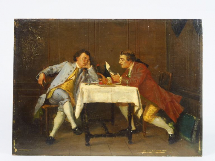 Ecole française XIXème. "Le déjeuner". Huile sur panneau. Dim. : 24 x 