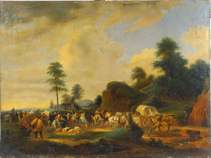 Ecole française XIXème. "le marché aux cochons". Huile sur toile. Dim.