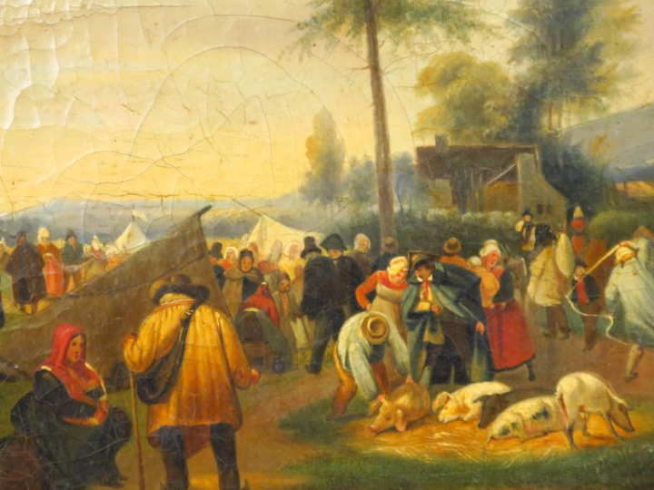 Ecole française XIXème. "le marché aux cochons". Huile sur toile. Dim.