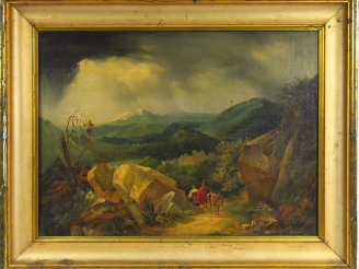 Vente aux enchères Ecole italienne XIXème. "Paysans dans un paysage de montagne". Huile s