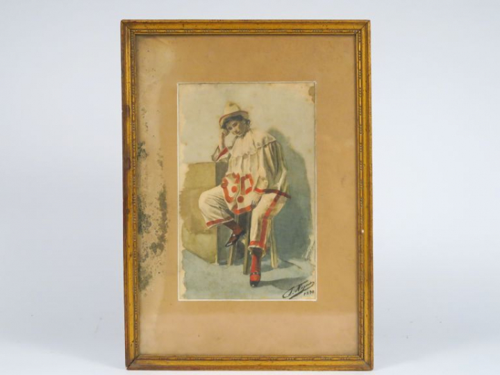Ecole italienne fin XIXème. "Clown mélancolique". Aquarelle, signée en